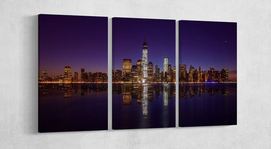 Manhattan Skyline Lights at Night Canvas Wall Art Eco Leather Print 3 panels