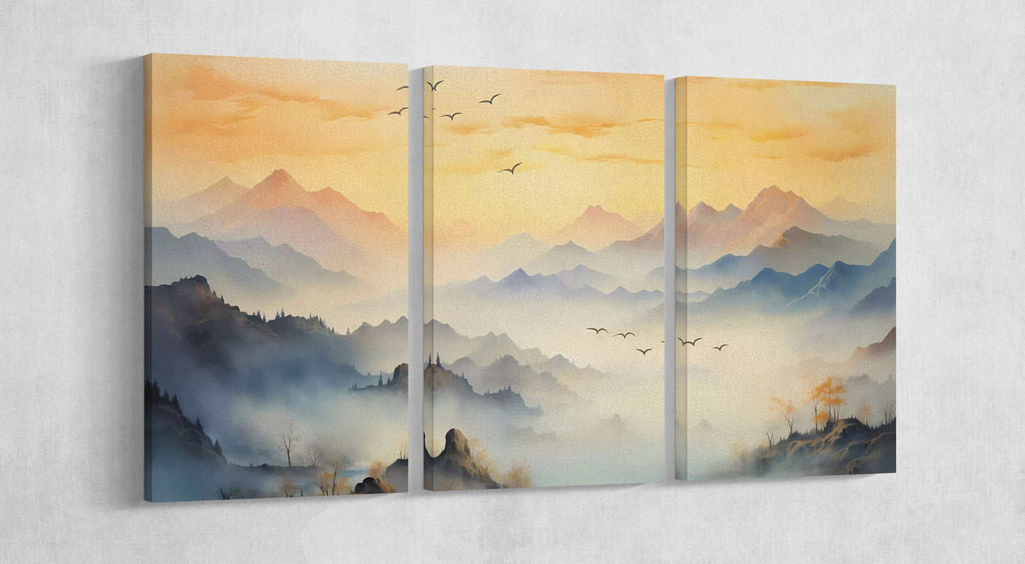 Beige Japan Mountain Sunrise Wall Art Home Decor Framed Canvas Print Triptych