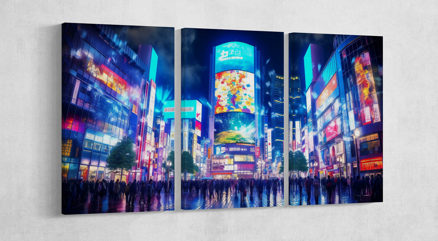 Tokyo Lights At Night Anime Landscape 3 panels wall art