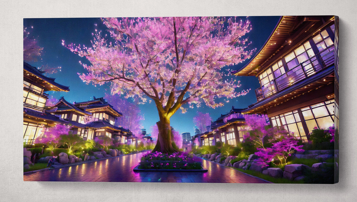 Cherry Tree Houses At Night Anime Japan canvas 3D