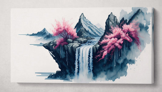 Japan Cherry Blossom Waterfall Ink Artwork canvas wall 3D