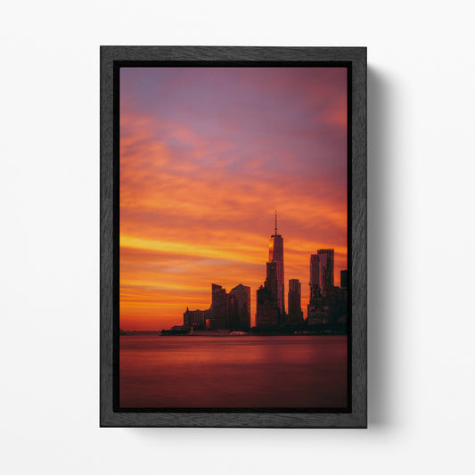 New York One World Trade Center Manhattan Dramatic Red Sky Sunset Black Wood Frame Print