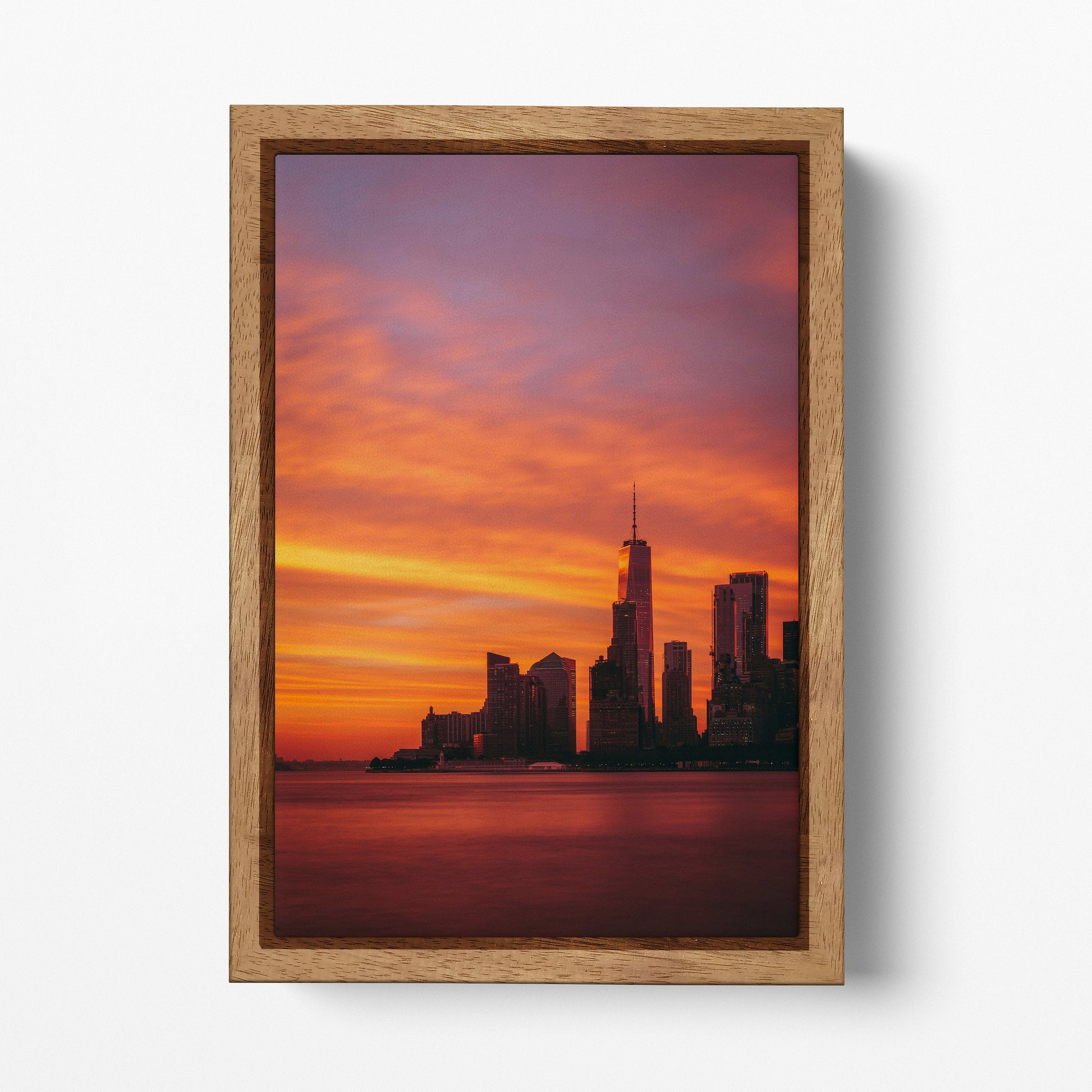 New York One World Trade Center Manhattan Dramatic Red Sky Sunset Natural Wood Frame Print