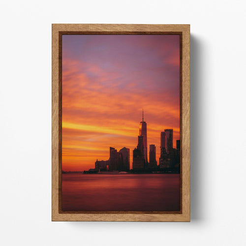 New York One World Trade Center Manhattan Dramatic Red Sky Sunset Natural Wood Frame Print
