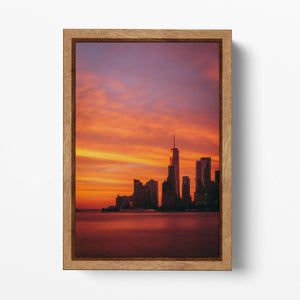 New York One World Trade Center Manhattan Dramatic Red Sky Sunset Natural Wood Frame Print
