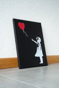 Girl With Balloon by Banksy Print On Black Leather Sublimation Printing Wall Art Canvas, Made in Italy!