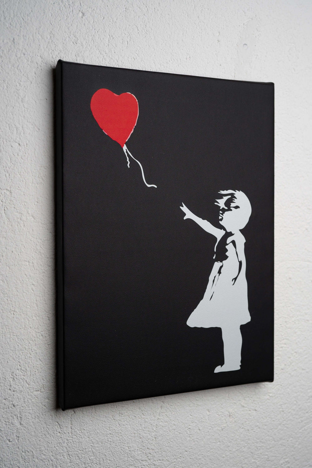 Girl With Balloon by Banksy Print On Black Leather Sublimation Printing Wall Art Canvas, Made in Italy!