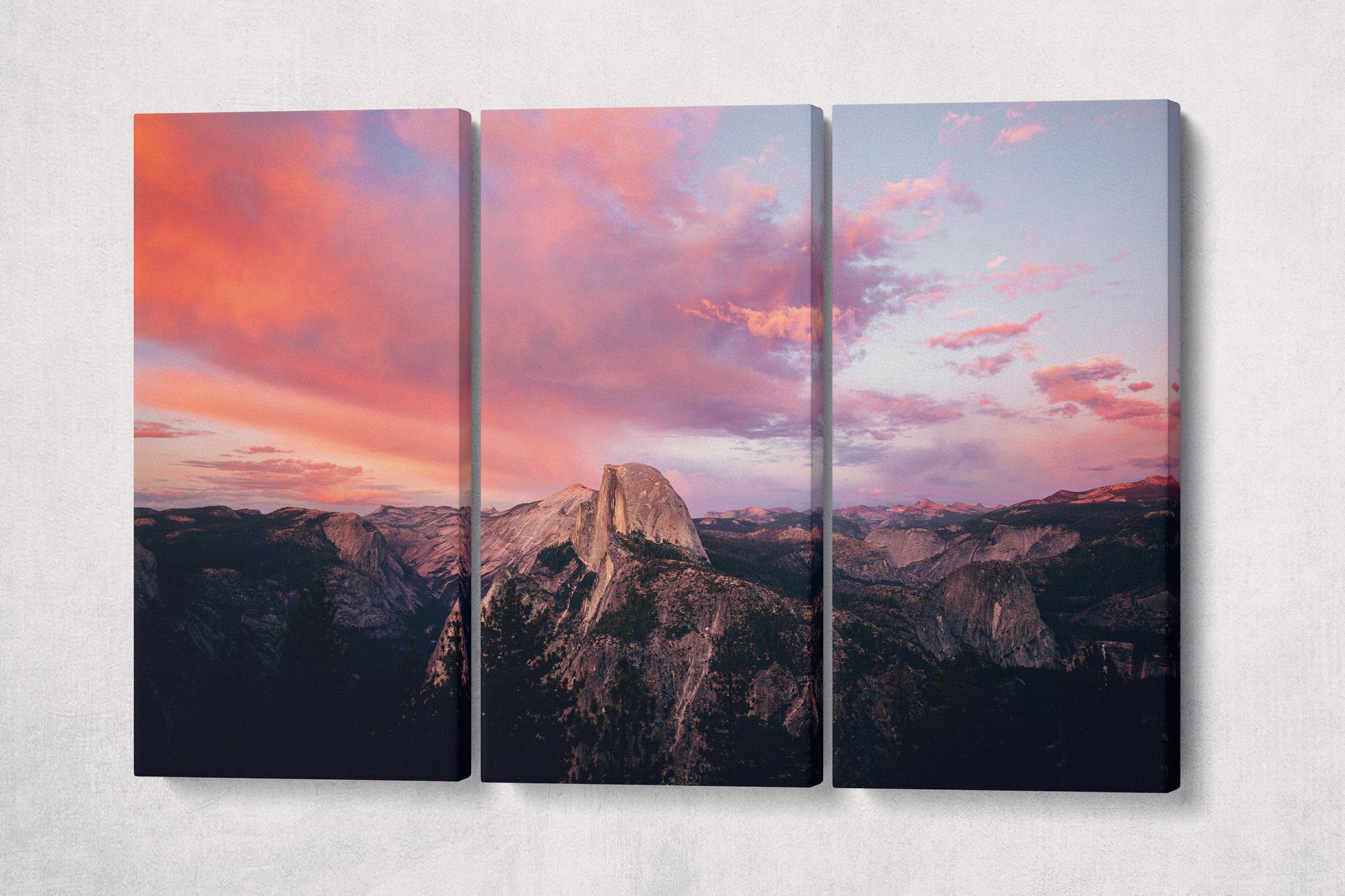 Half Dome Yosemite National Park Pink Sunset Canvas Wall Art 3 Pieces