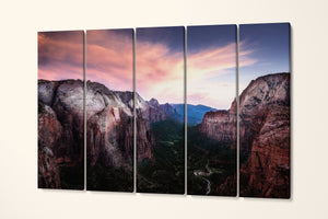 Angels Landing at Zion National Park, Utah Pink Sky USA Canvas 5 panels