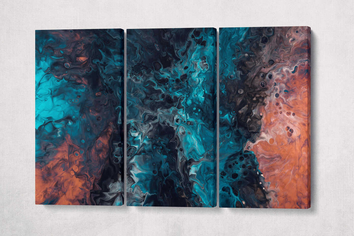 Abstract Modern Wall Art Blue and Orange Eco Leather Canvas Print 3 Panels