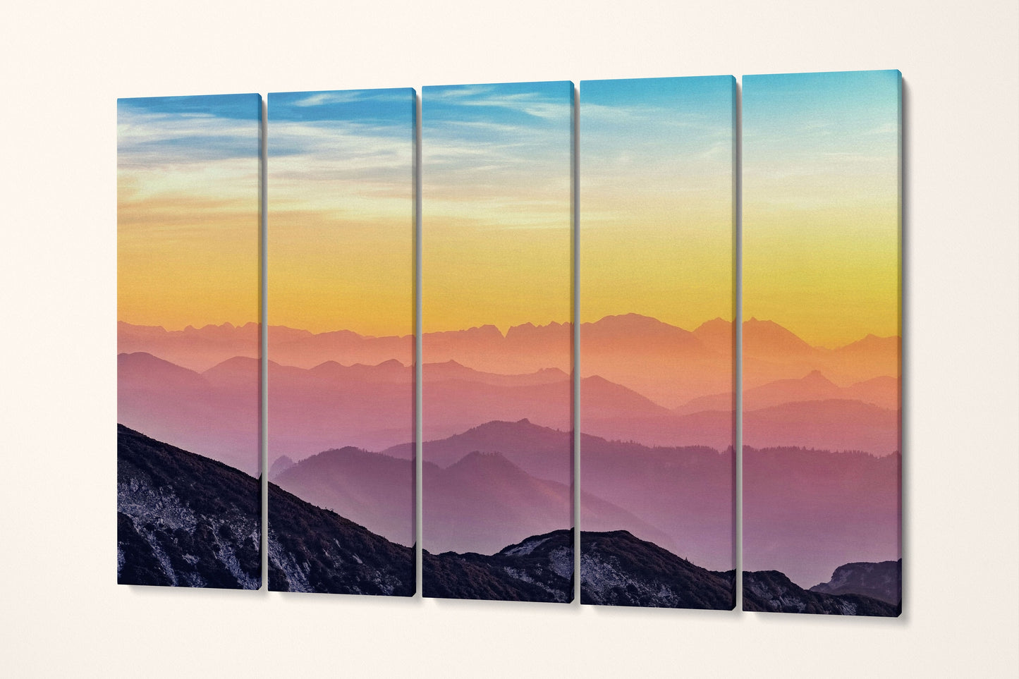 Mountains Sunset Rainbow Wall Art Canvas 5 Panels