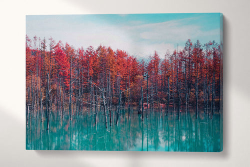 Red Trees Blue Pond Reflection Hokkaido Japan Wall Art Canvas Eco Leather Print single panel