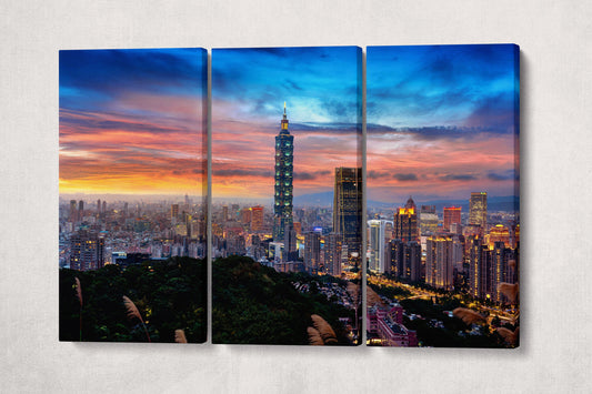 Taipei Skyline at Sunset Canvas Eco Leather Print 3 Panels