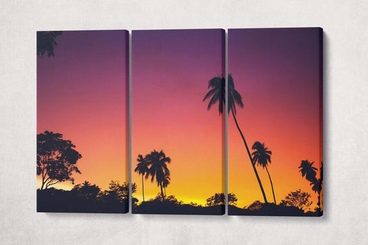 Tomatlán Jalisco Palm Silhouette Sunset Canvas Eco Leather Print 3 Panels