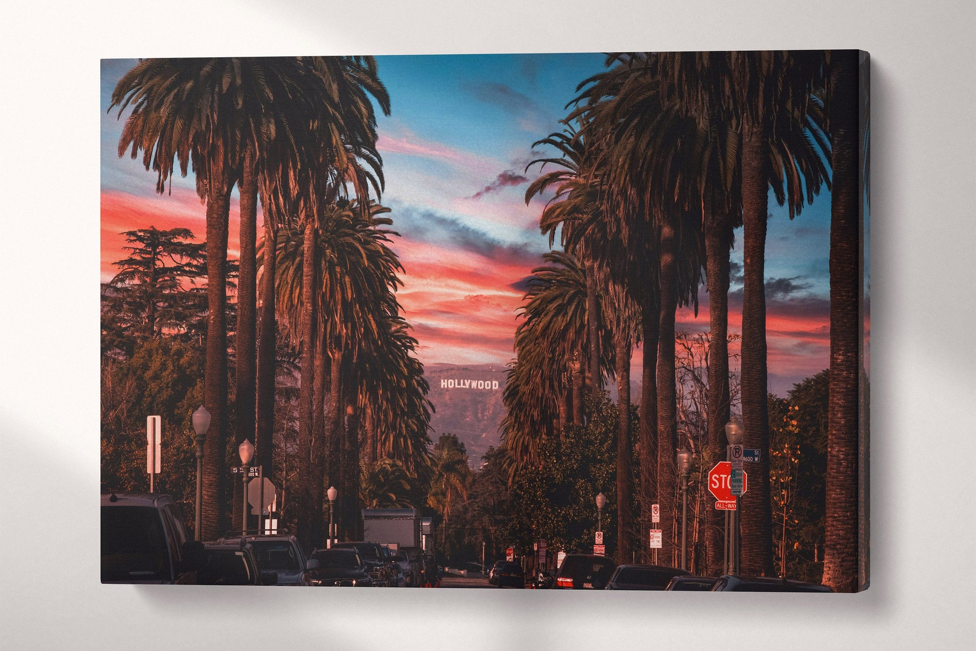 Hollywood Sign Los Angeles Framed Canvas Eco Leather Print, Made in Italy!