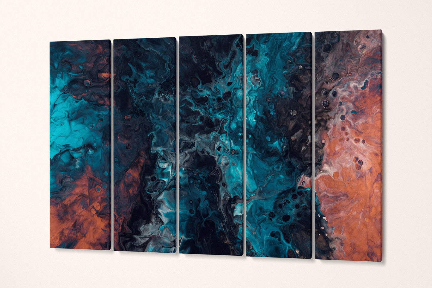Abstract Modern Wall Art Blue and Orange Eco Leather Canvas Print 5 Panels