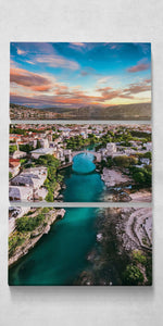 Mostar Neretva River at Sunset Canvas Eco Leather Print 3 Panels