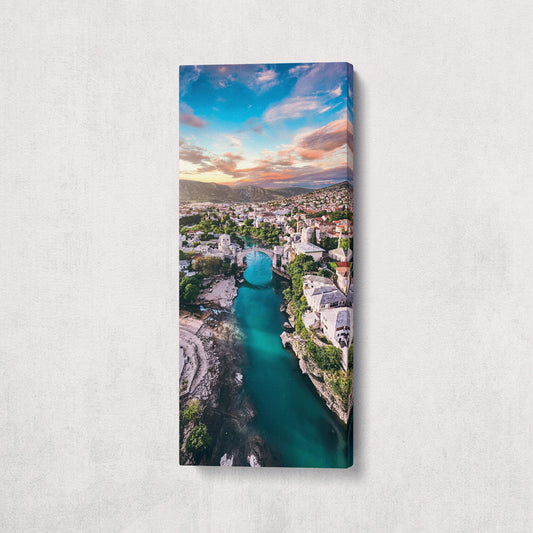 Mostar Neretva River Stari Most at Sunset Canvas Eco Leather Print, Made in Italy!