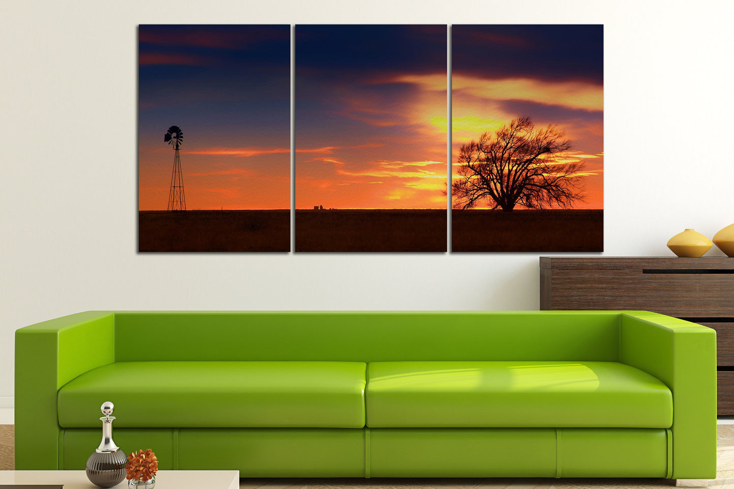 West Texas Sunset Wall Art Eco Leather Canvas Print Green Sofa