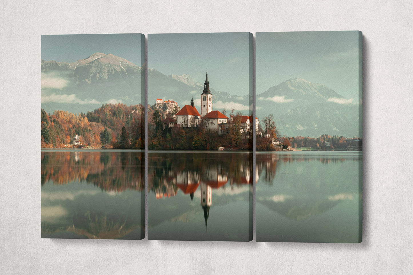 Lake Blend Slovenia Wall Art Canvas Eco Leather Print 3 Panels