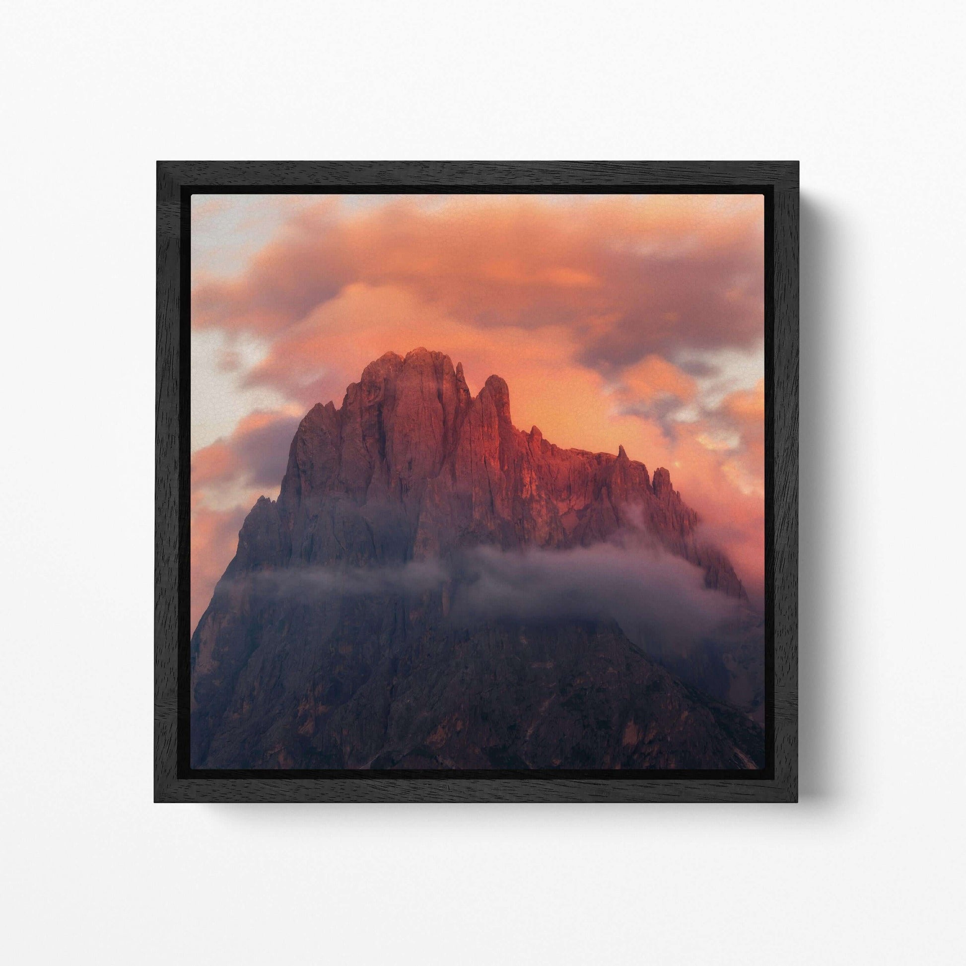 Sunset Dolomites Square Wall Decor Black Frame Canvas Eco Leather Print