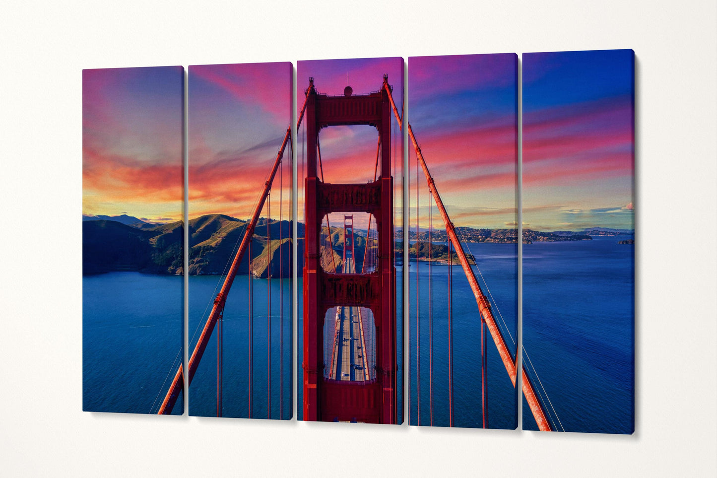 Golden Gate Dramatic Sunset Canvas Wall Art Eco Leather Print Ready to Hang 5 Panels