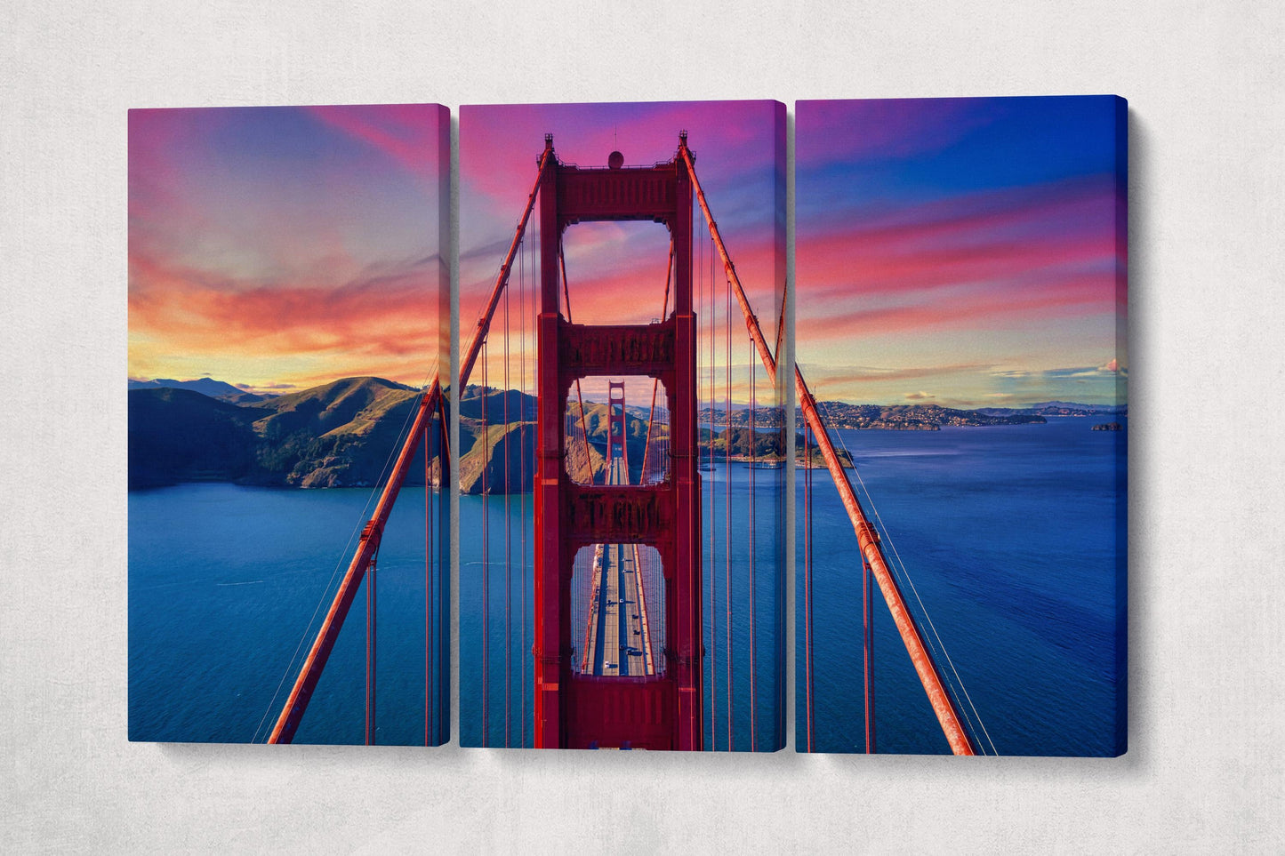 Golden Gate Dramatic Sunset Canvas Wall Art Eco Leather Print Ready to Hang 3 Panels