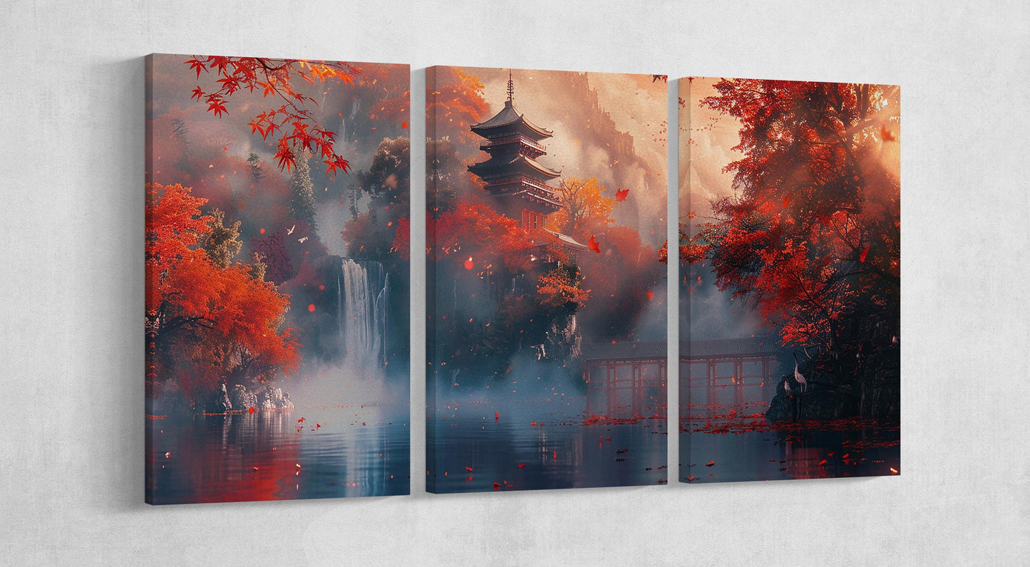 Serenity in the Crimson Mist A Samurai Autumn Reverie Anime Wall Art Home Decor Framed Canvas Print 3 Panels
