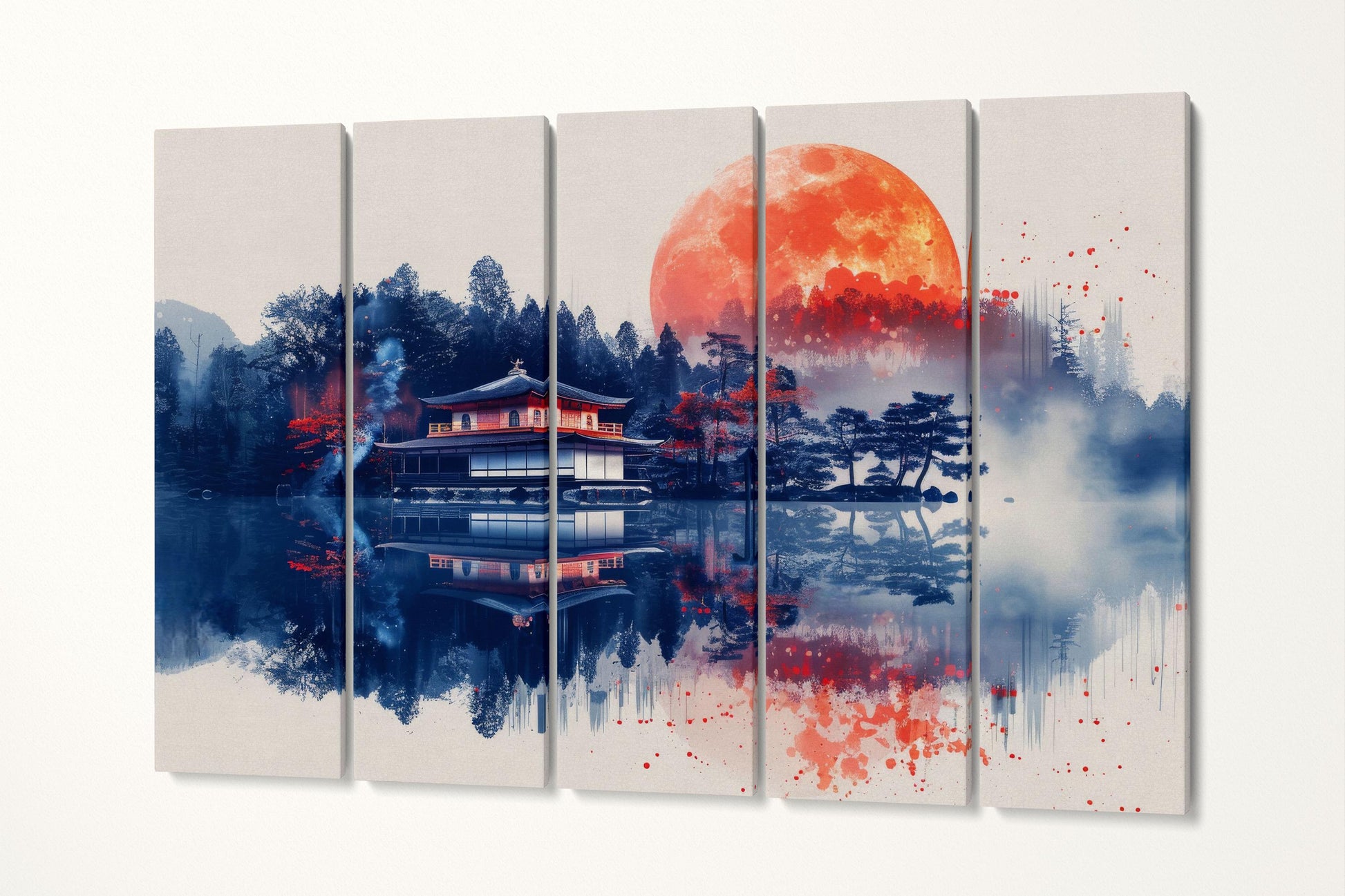 Crimson Moonrise Over Tranquil Waters Anime Canvas Wall Art Eco Leather Print, Made in Italy!