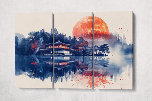 Crimson Moonrise Over Tranquil Waters Anime Canvas Wall Art Eco Leather Print, Made in Italy!