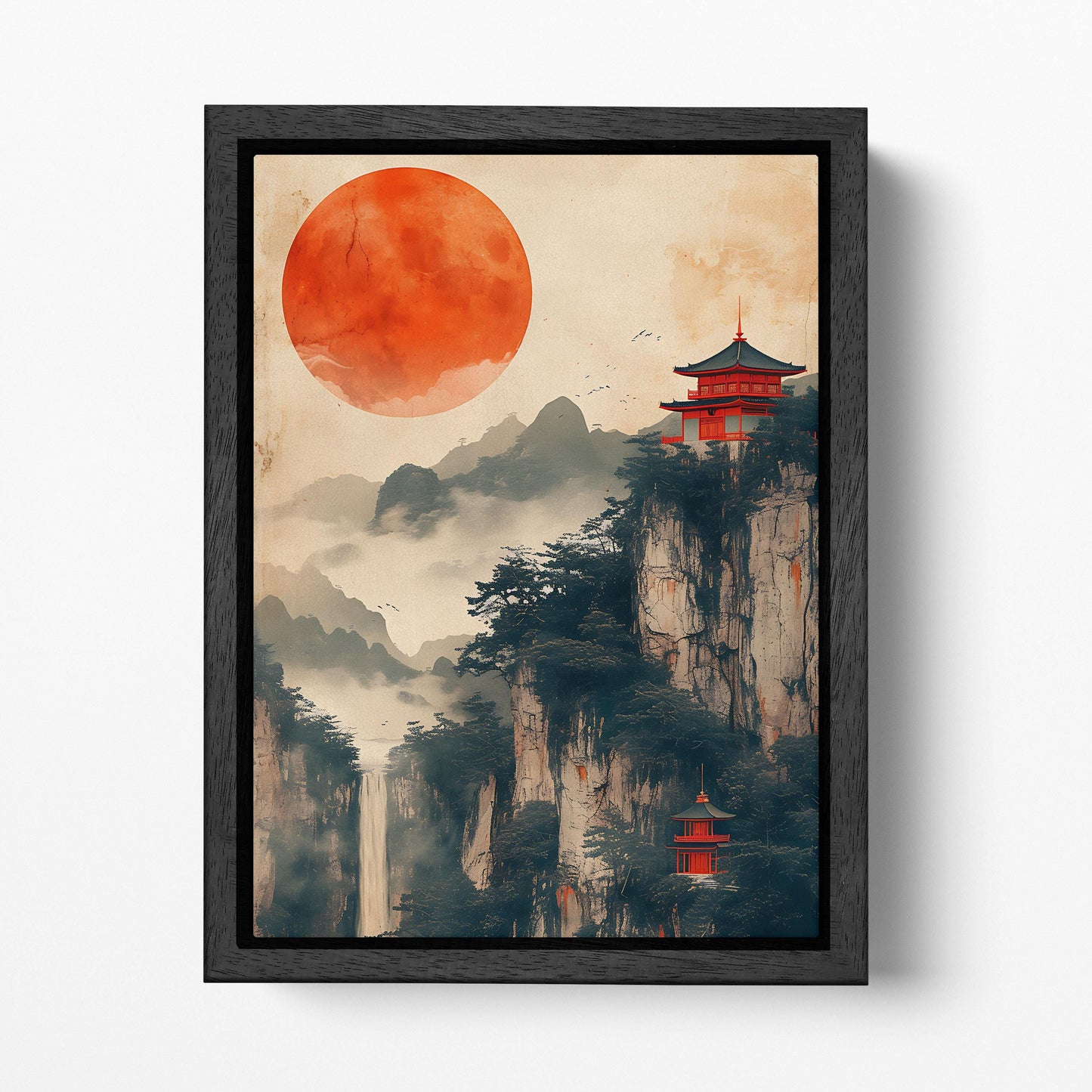 Crimson Sun over Chinese Mountain Sanctuaries Canvas Eco Leather Art Print Black Frame