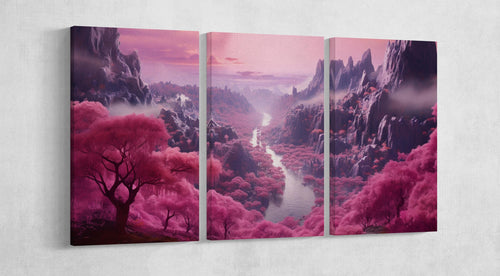 Mystic Valley of the Sakura Bloom Anime Wall Art Home Decor Framed Canvas Print 3 Panels