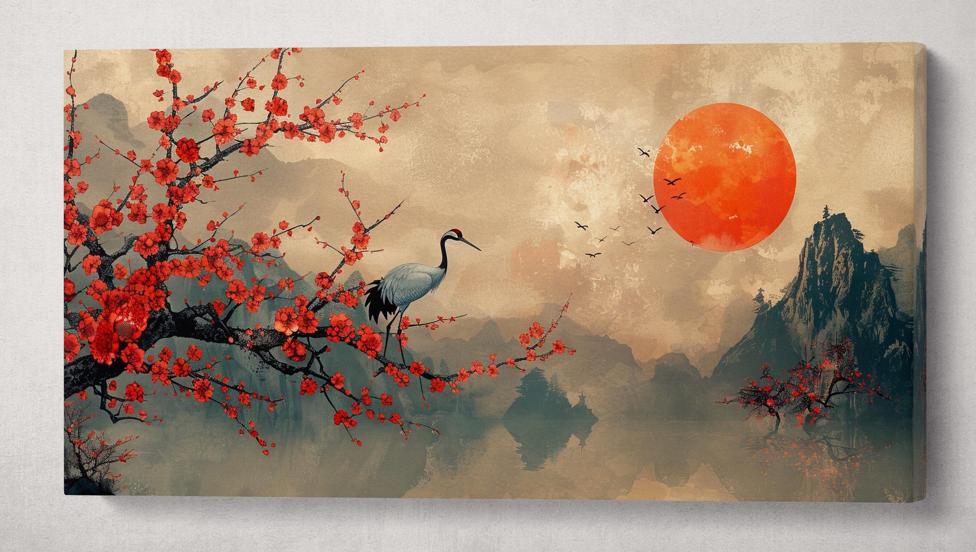 Harmony of the Vermilion Bloom Crane on a Scarlet Branch at Dusk Wall Art Home Decor Framed Canvas Print Wall 3D