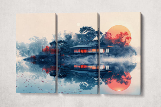 Zen Retreat Pavilion by the Misty Lake Canvas Wall Art Eco Leather Print 3 Panels