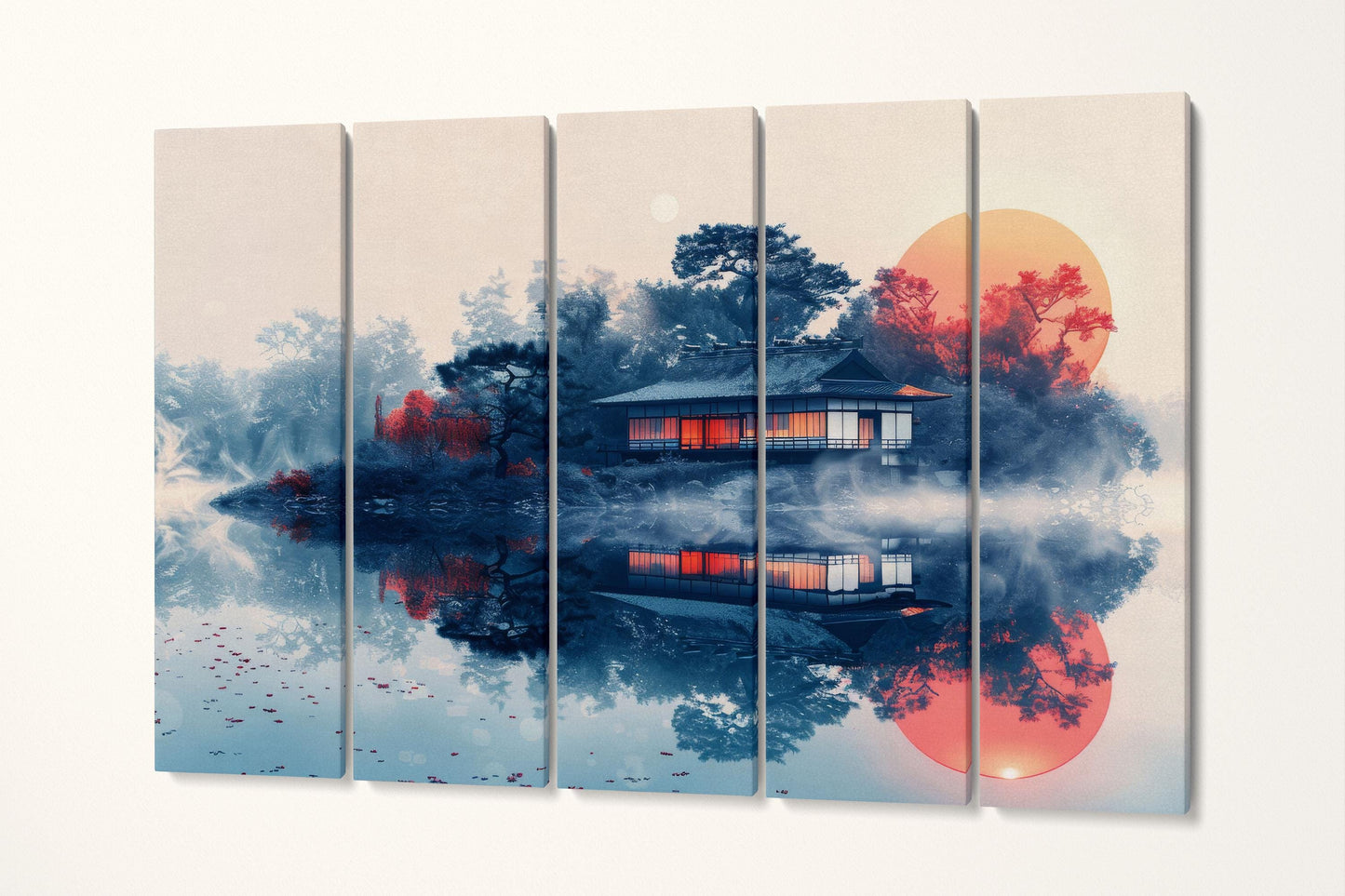 Zen Retreat Pavilion by the Misty Lake Canvas Wall Art Eco Leather Print 5 Panels