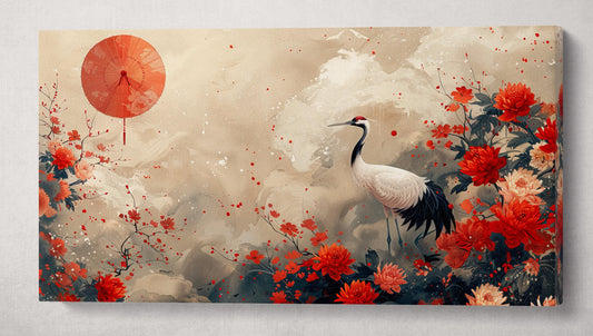 Asian Harmony in Bloom Crane Amid Chrysanthemums Wall Art Home Decor Framed Canvas Print