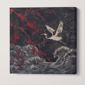 Crane in the Night Blossom Wall Art Framed Canvas Eco Leather Print