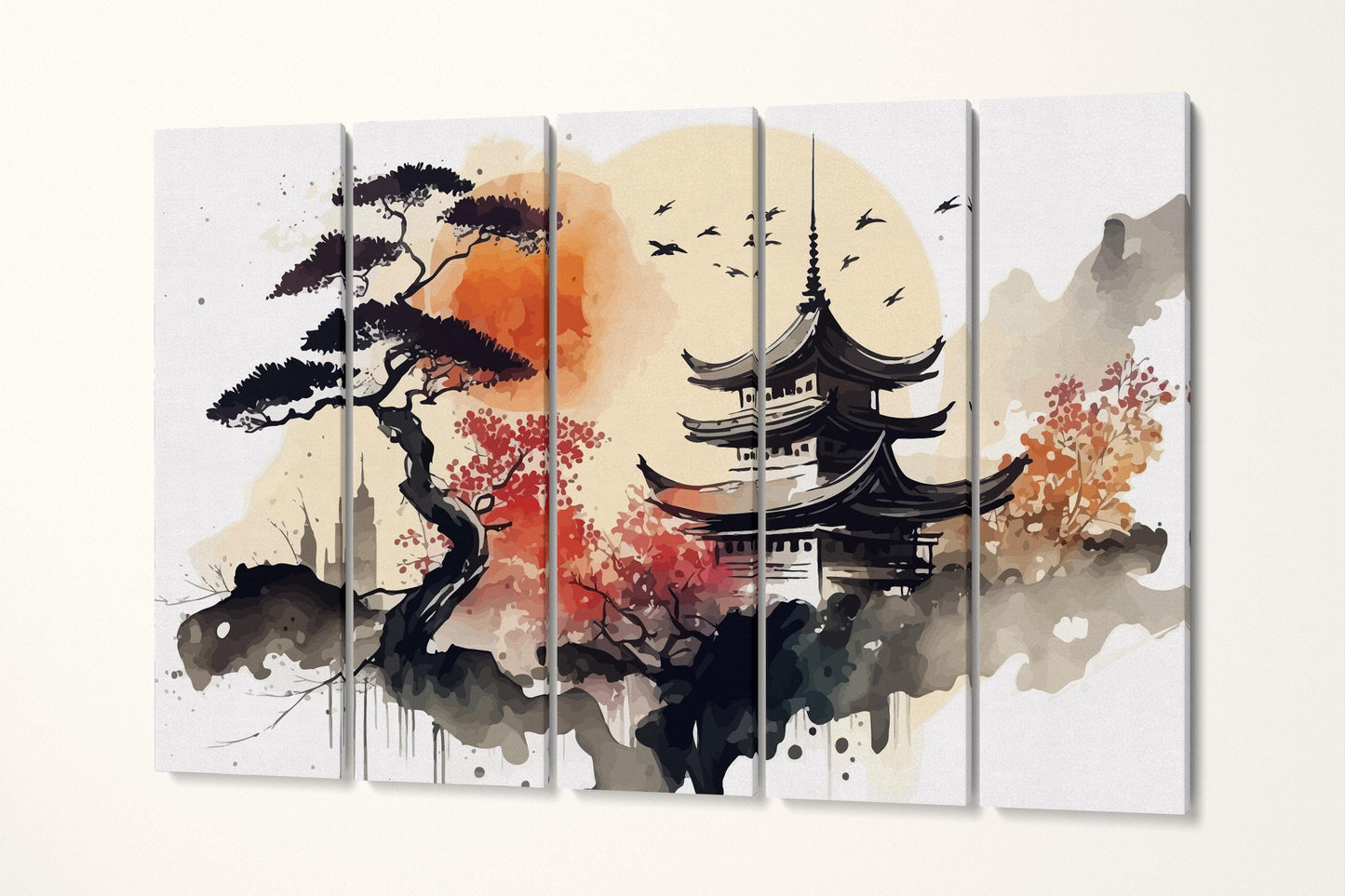 Japanese Pagoda in Autumn Serenity Ink Canvas Wall Art Eco Leather Print 5 Panels