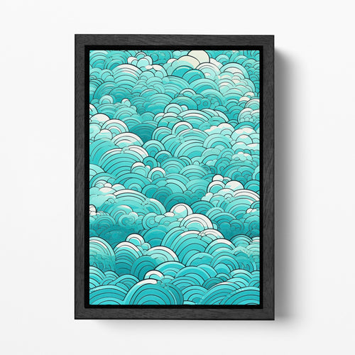 Turquoise Waves of Clouds Japan Style Canvas Wall Art Eco Leather Print Black Frame