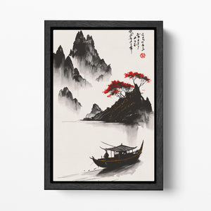 Serenity in Ink: Traditional Asian Landscape with Boat and Red Trees Chinese Canvas Wall Art Eco Leather Print Black Frame