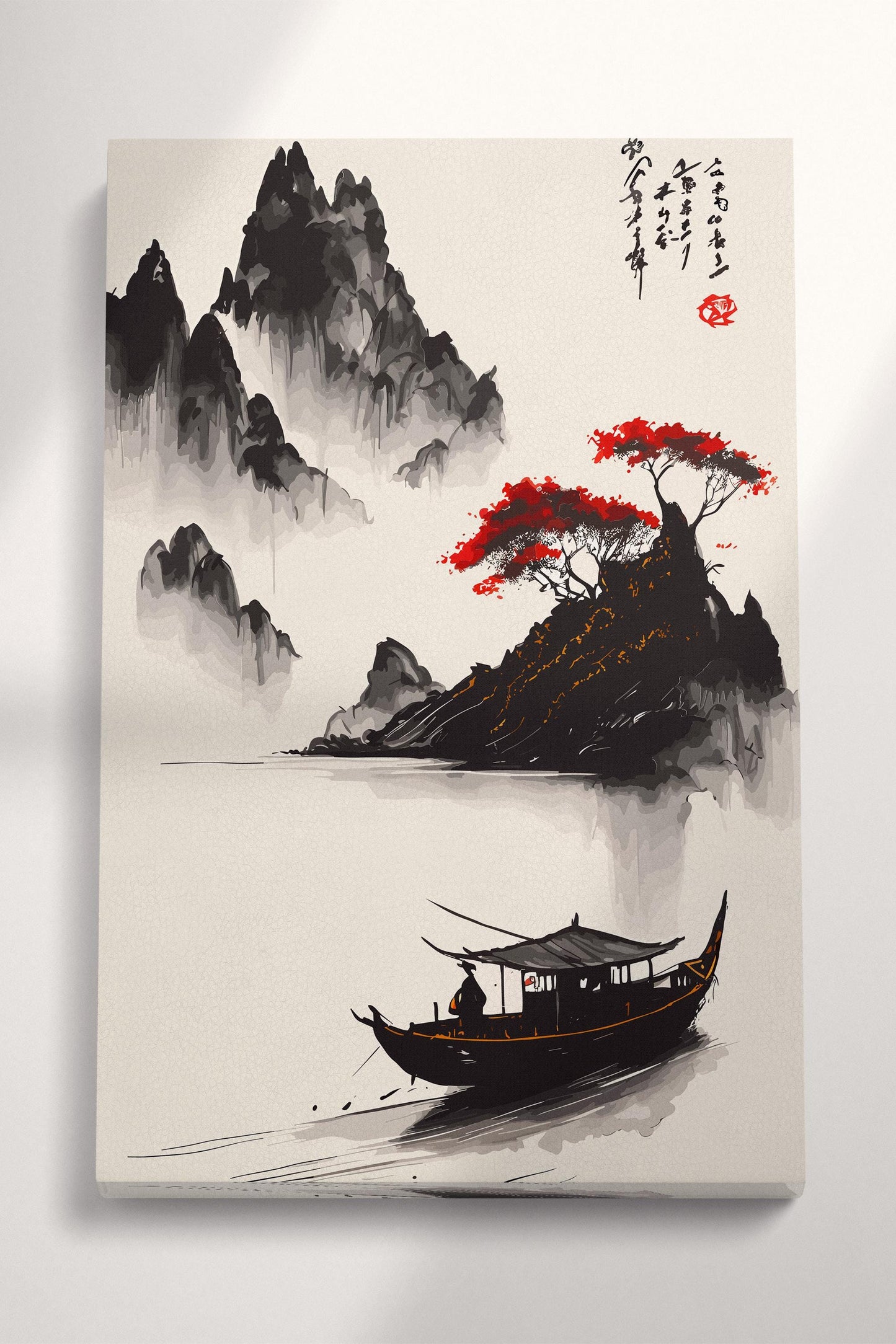 Serenity in Ink: Traditional Asian Landscape with Boat and Red Trees Chinese Canvas Wall Art Eco Leather Print