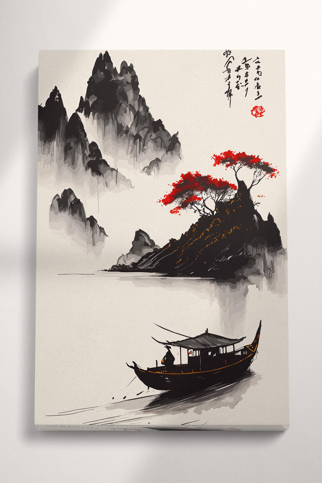 Serenity in Ink: Traditional Asian Landscape with Boat and Red Trees Chinese Canvas Wall Art Eco Leather Print