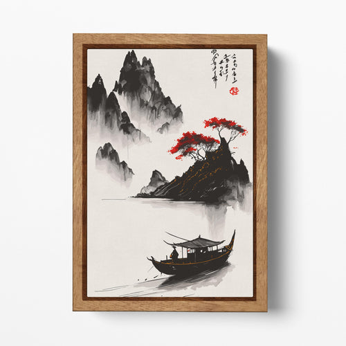 Serenity in Ink: Traditional Asian Landscape with Boat and Red Trees Chinese Canvas Wall Art Eco Leather Print Wood Frame