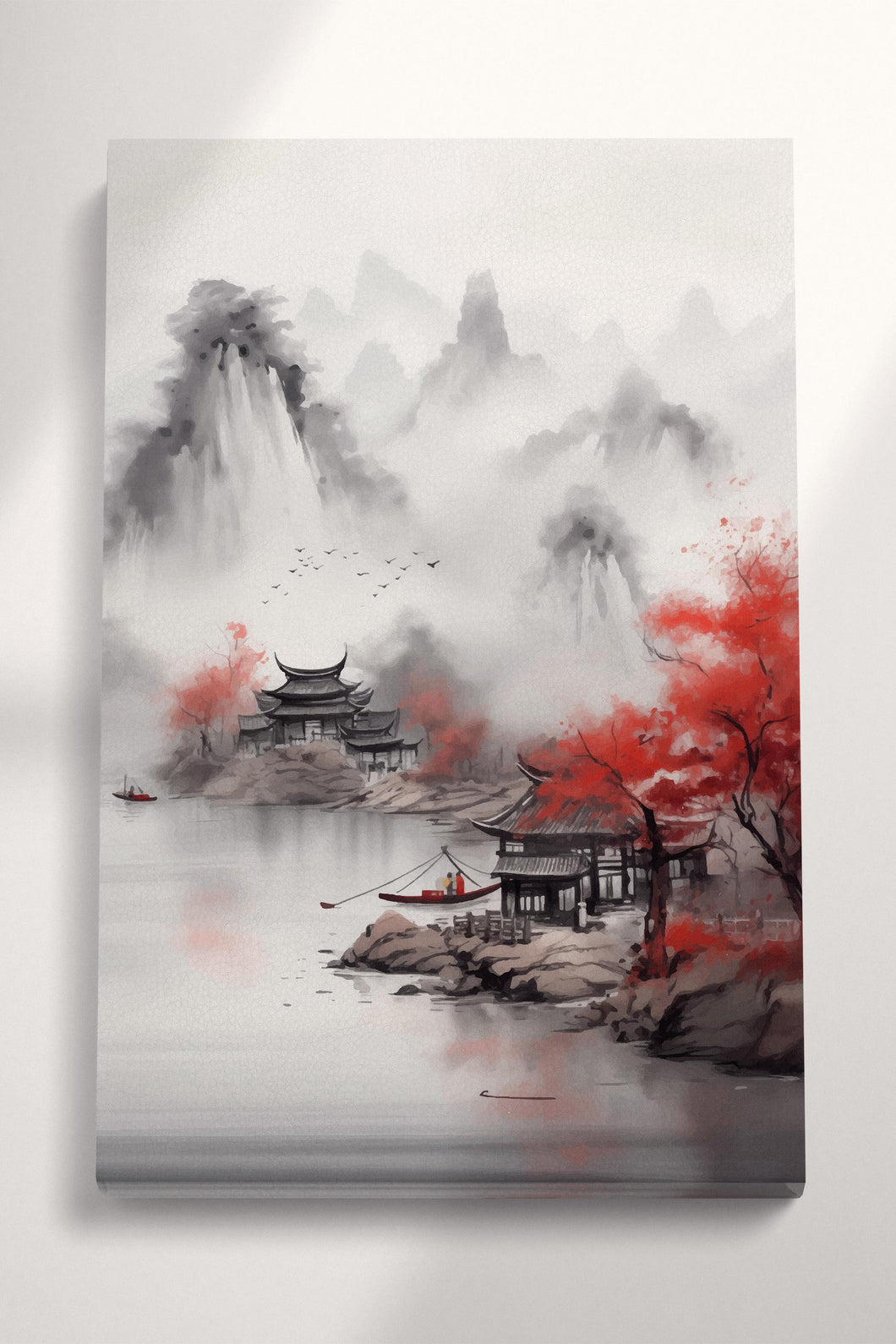 Chinese Lake and Mountain Landscape with Pagoda and Red Trees Canvas Wall Art Eco Leather Print, Made in Italy!