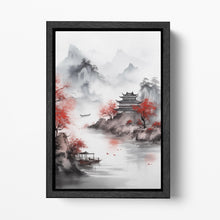 Carica l&#39;immagine nel visualizzatore di Gallery, Mystical Waters: Asian Autumn Landscape with Pagoda on the Lake Canvas Wall Art Eco Leather Print Black Frame
