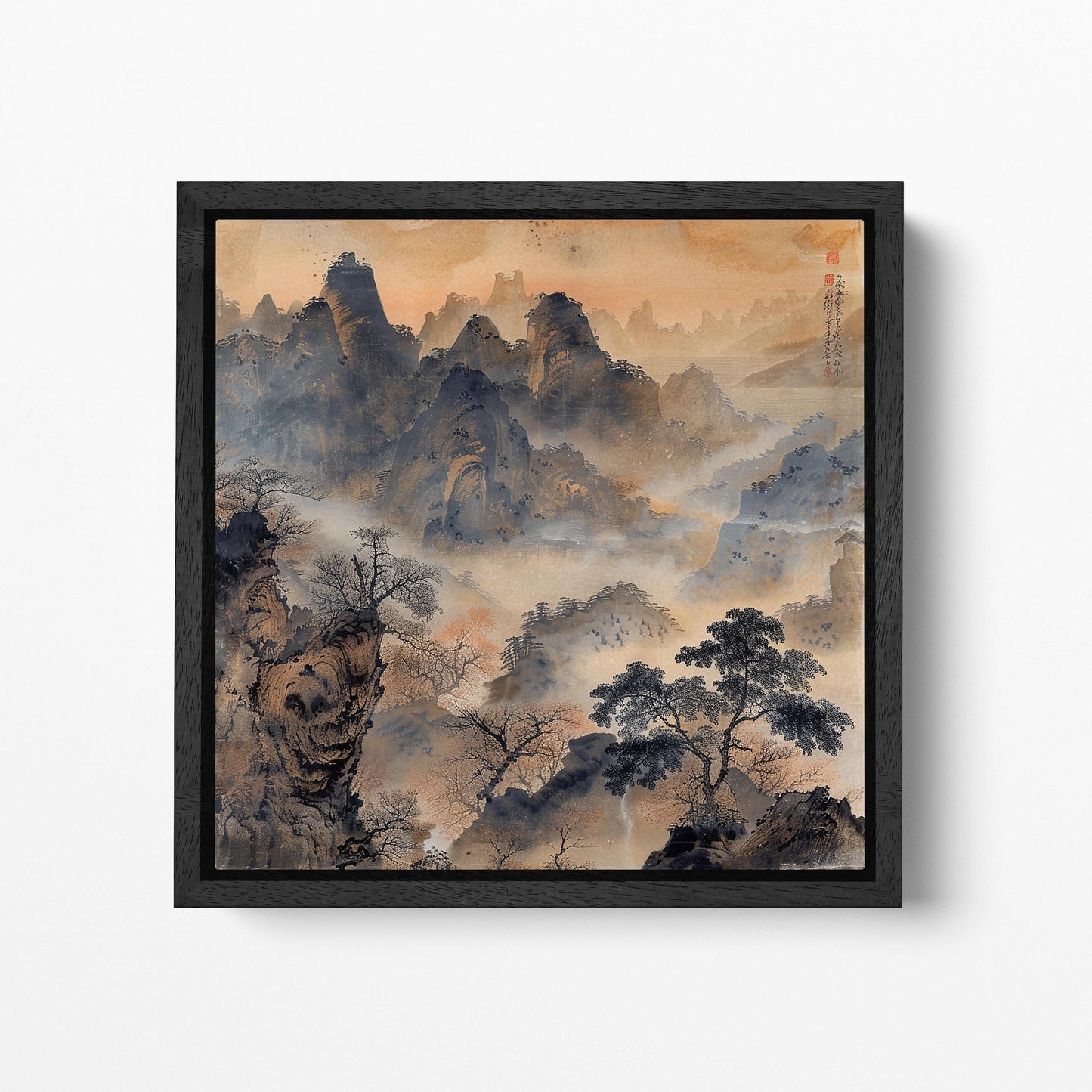 Whispering Peaks: A Peaceful Mountain Landscape Chinese Style Wall Art Framed Canvas Eco Leather Print Black Frame