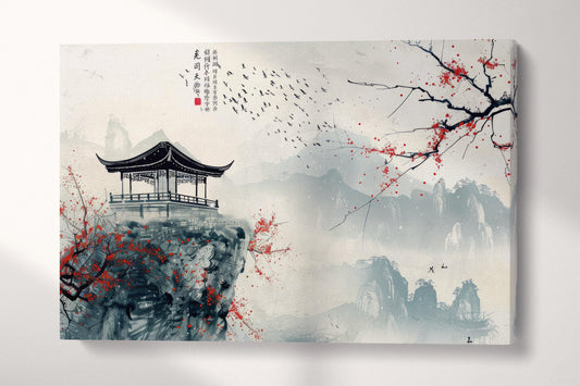 Solitary Pavilion Chinese Mountain Sanctuary Canvas Wall Art Eco Leather Print