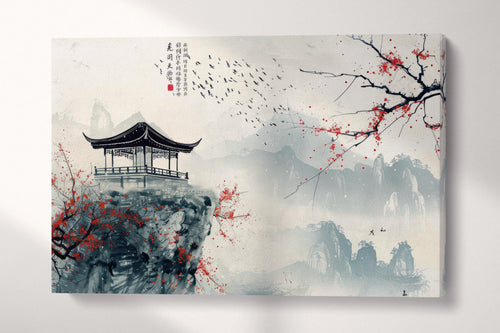 Solitary Pavilion Chinese Mountain Sanctuary Canvas Wall Art Eco Leather Print