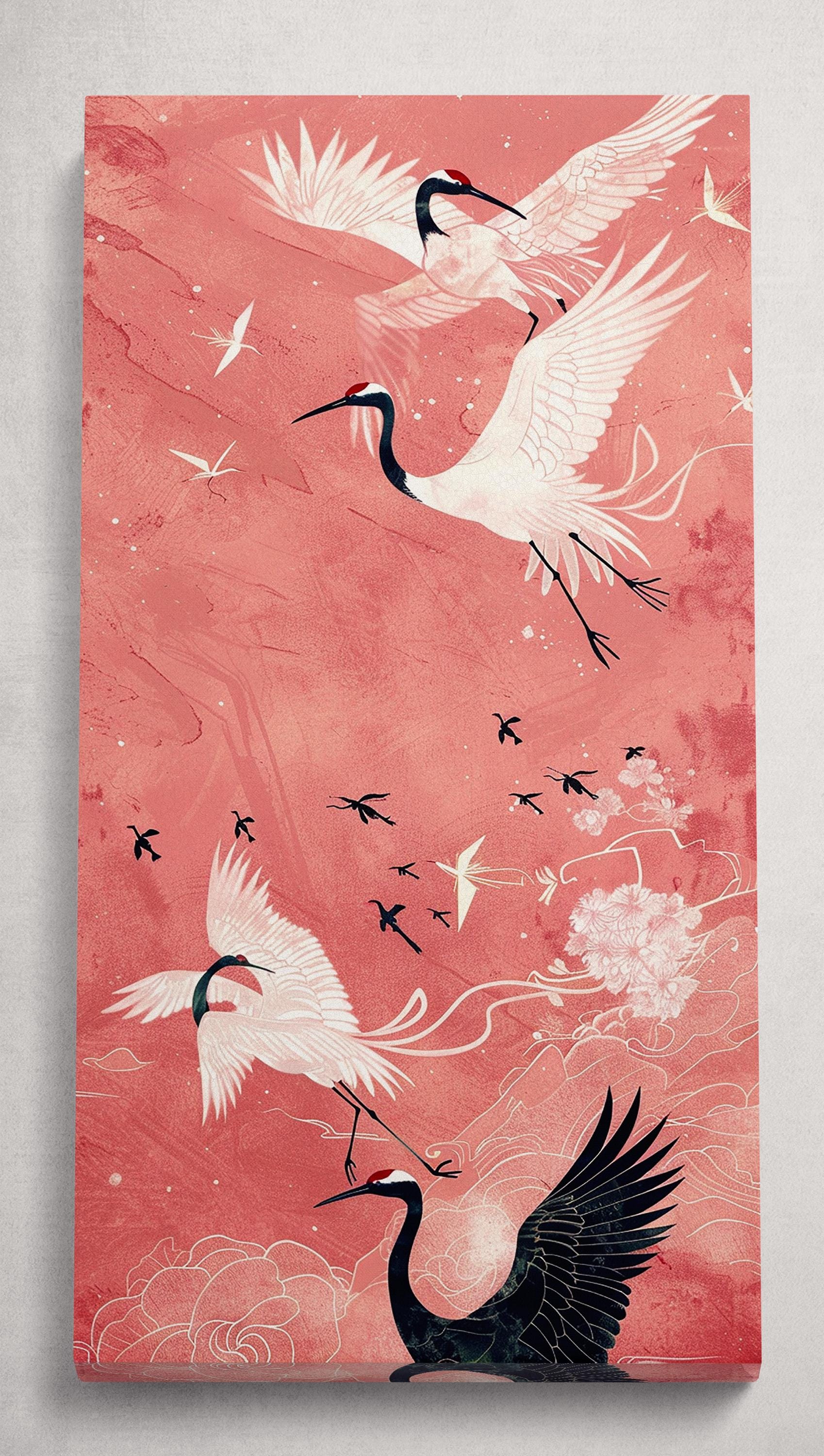 Elegant Flight of Cranes Pink Background Canvas Wall Art Eco Leather Print 3D