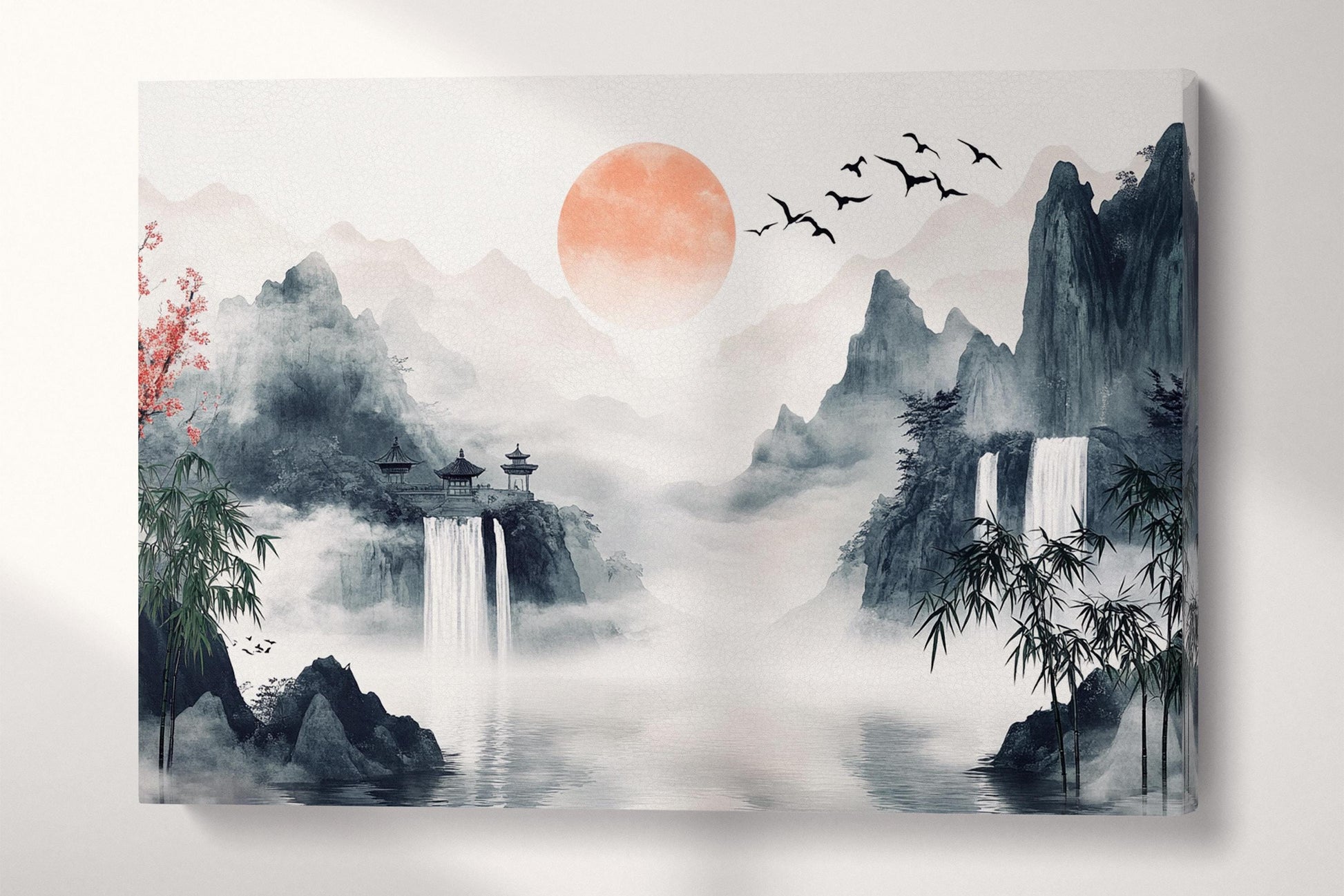 Mystic Waterfalls Foggy Sunrise Chinese Art Inspired Canvas Wall Art Eco Leather Print
